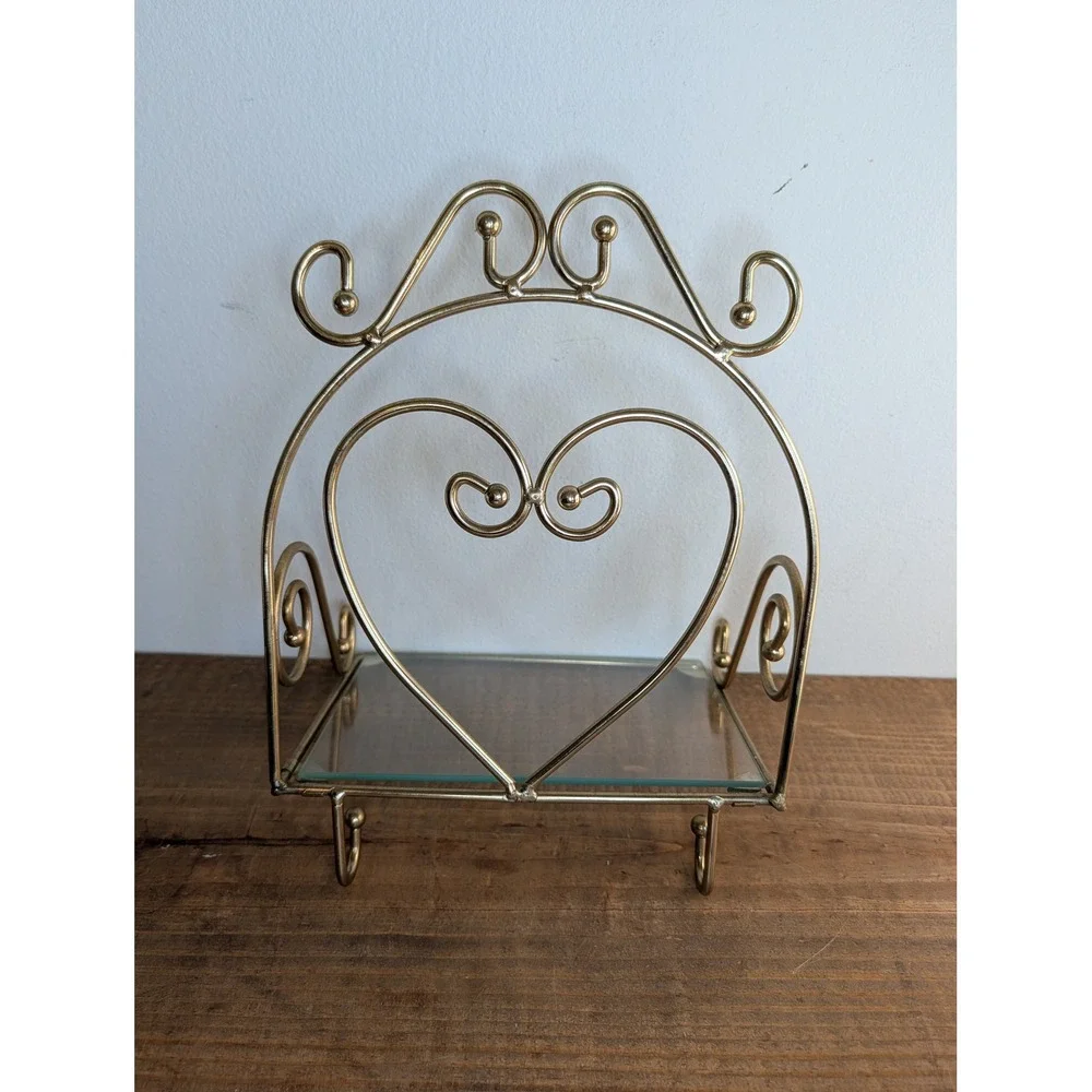 Home Interior Vtg Heart Gold Metal Glass Wall Shelf Ornate Scrollwork 2 Hooks